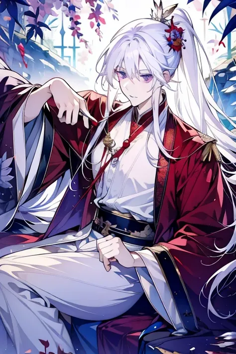 White-haired Fairy，legal way，Red clothes，flowing hair，butterflies，Purple eye