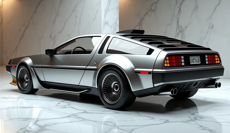 a Delorean DMC 12 1988 design,grey color, back view view,3D model,highly detailed,full modified,intricate design,showcased in a marble showroom,photorealistic,8K,volumetric lighting,cinematic angle,glossy surface,metal textures,clean background