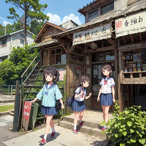 
(masterpiece、Detailed Anime)、(Three cute girls、Three elementary school girls、Summer clothes)、( old and dirty stairs in the housing complex、Battleship Island、A store that almost collapsed、Vending machines、garbage、Use waterways)、(Poor conditions)、(smile、fun...