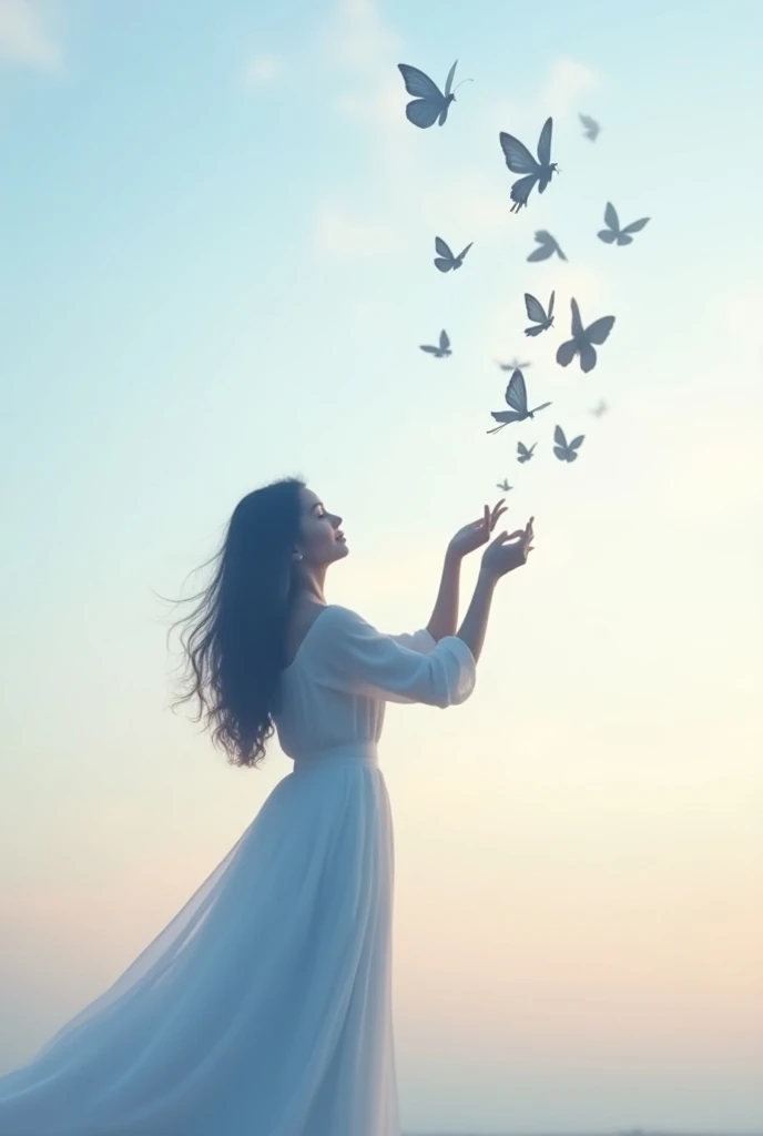 A profile image similar to the one shown. It should feature the name Nadia Irshad in a graceful cursive font, with a silhouette of a woman releasing butterflies into the air, set against a soft sky with light blue and pink hues. The background should have ...