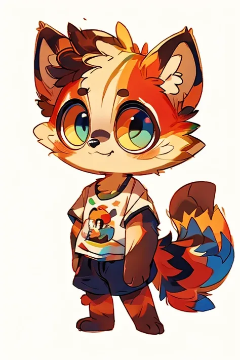 masterpiece, T-shirt, ((big eyes)), deformed, raccoon, toddler, bushy, ((Petite and cute emphasis)), male, furry, hyper cute face, long tail, fang, solo, ((short legs)), Colorful,((Colorful fur))