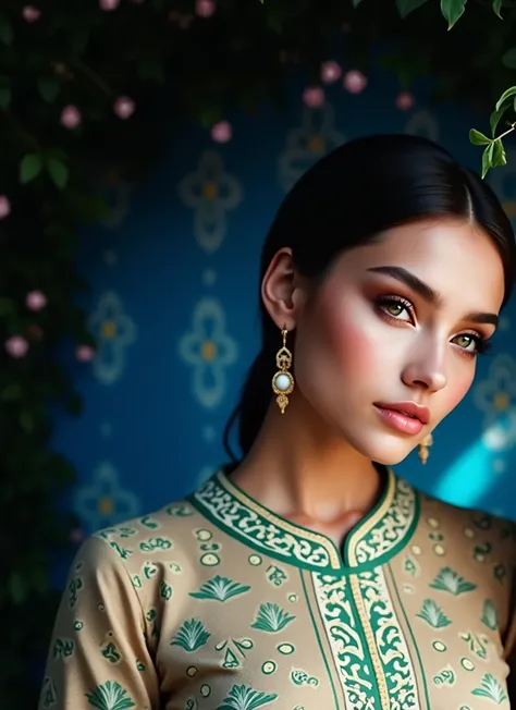 a beautiful girl in a lush islamic garden, detailed face and eyes, long eyelashes, detailed clothing, intricate floral patterns, ornate architecture, ornate calligraphy, dramatic lighting, warm color palette, cinematic composition, detailed textures, photo...