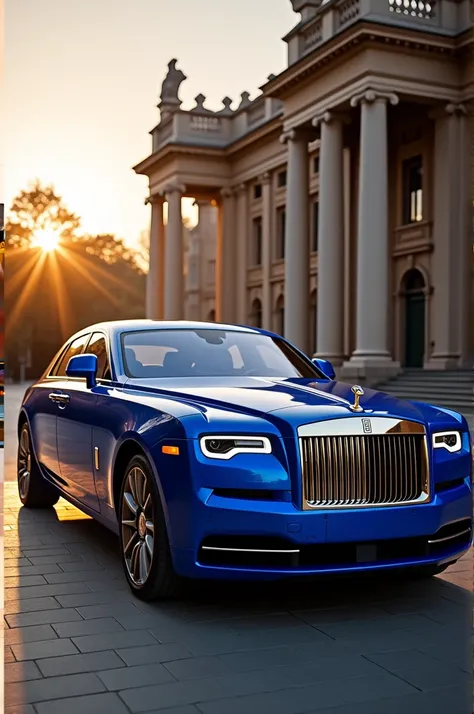 A blue rools royce stand front of a building at sunset 
