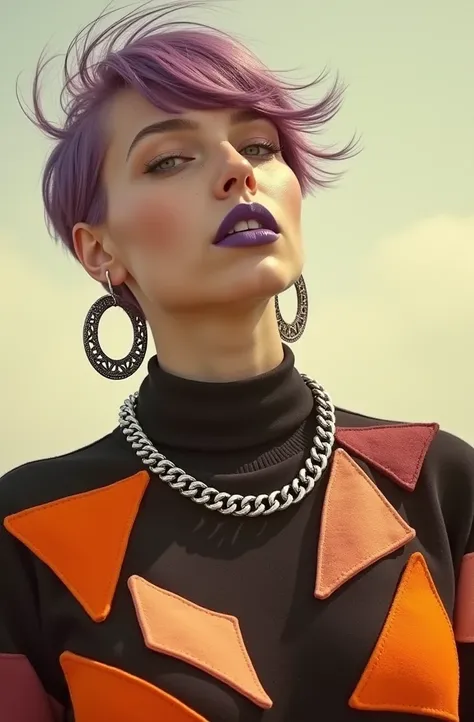 Portrait of a haute couture model with short hair and shiny purple blowing in the wind, hairstyle with soft bangs, fair skin with subtle freckles, flashy purple lipstick, wearing a black oversized turtleneck sweater with geometric details of orange and pea...