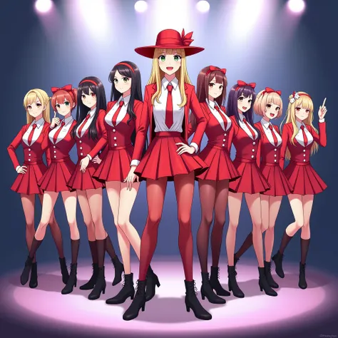 The nine female singers of the girl group, holding a mic, singing  (Look at the audience, )  wearing a white shirt, a red suit, a tie, a bow, a red ribbon, long hair , Short hair, Blonde hair, Black hair, Brown hair,  headgear, the lead singer wearing a re...