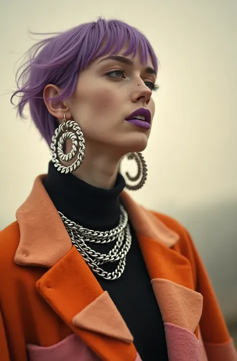 Portrait of a haute couture model with short hair and shiny purple blowing in the wind, hairstyle with soft bangs, fair skin with subtle freckles, flashy purple lipstick, wearing a black oversized turtleneck sweater with geometric details of orange and pea...