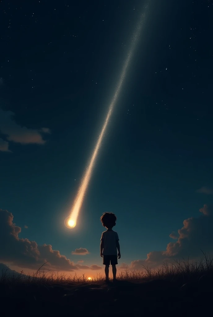 A boy in dark watching a meteor forwarding towards him