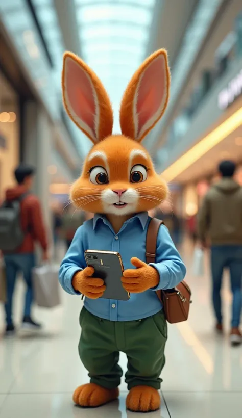 An orange rabbits father wearing a blue shirt and green pants buys a Samsung S24 Ultra phone in a shopping mall.