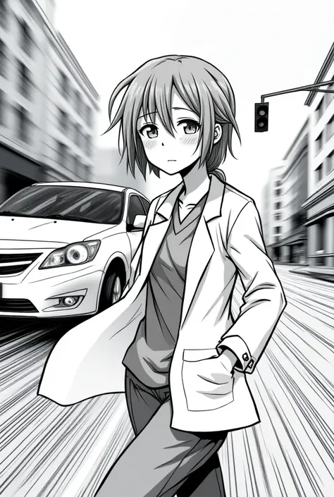 Black-and-white anime manga-style artwork. A young female doctor with a short ponytail, wearing a white lab coat over her medical scrubs, is caught in a tense moment while crossing the street. She shows a calm yet slightly worried expression. From the side...