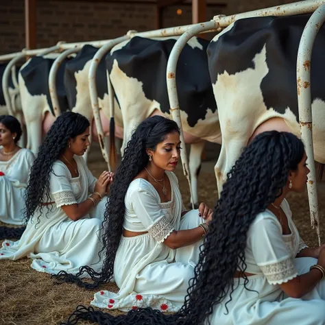 in luxerius modern bright office,multiple mature women in indian traditional sarees. in luxurious parisian runway cow farm.50 years old indian 6 ladies in farmers dress.directly dirinking milk from cows breasts while laying on the floor.their jet-black rap...