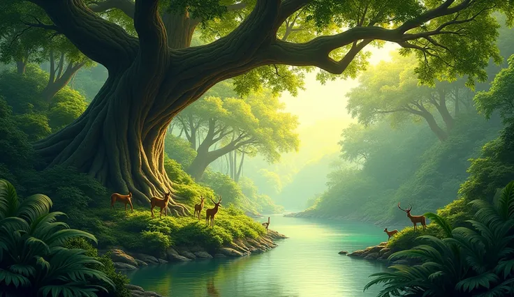 1. Scene 1: The Vast Jungle and the River

Prompt: "A dense, lush green jungle with tall trees, a clear, calm river flowing through it, and a large jamun tree with thick branches extending over the river. The sky is clear, and sunlight filters through the ...