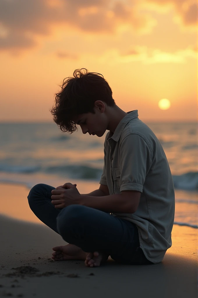 A love failed boy feeling sad sitting on evening beach