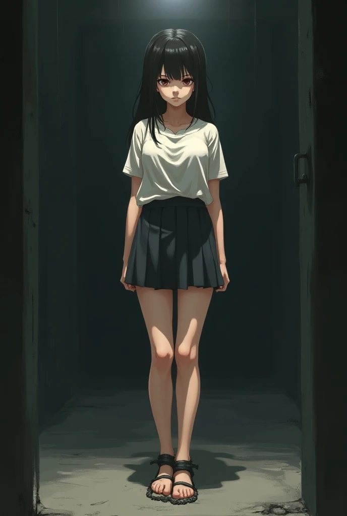  an anime female prisoner, she is wearing a pleated skirt ，Short sleeve，她光著foot，foot上戴著鐐銬，Body Height and Weight，foot