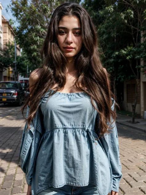 A beautiful Iraqi middle-aged girl with beautiful hair stands on a sunlit street, dressed in a stylish and modest outfit that covers her entire body. She wears a cute black top that complements her complexion and features a modest neckline, ensuring her be...