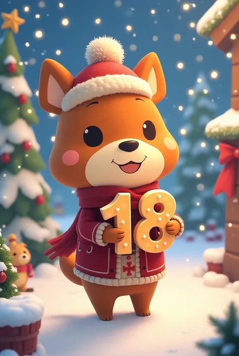 Personnage danimal crossing de Noël tenant le nombre 18