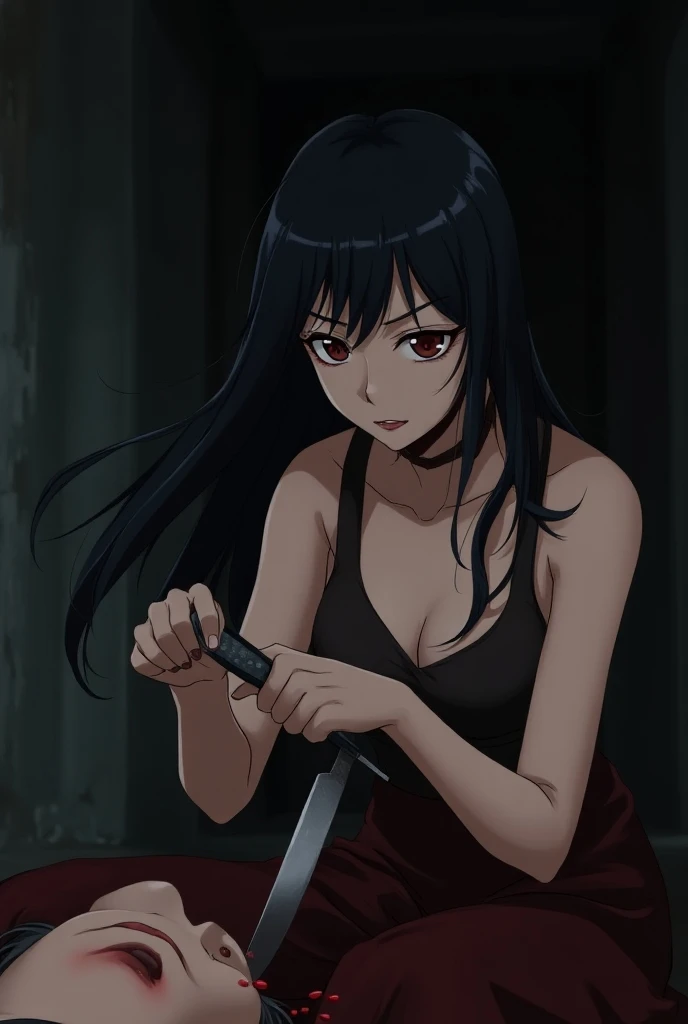 Hight quality, anime, very beautiful woman Japanese, killing a man by knife cut throat