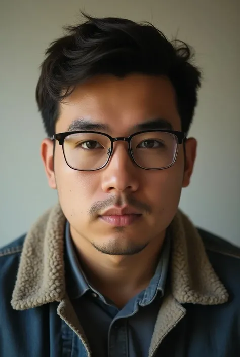 Create real photo of a 25-year-old Latino man with dark brown eyes full round face short brown hair with jacket and glasses big nose wide thick lips