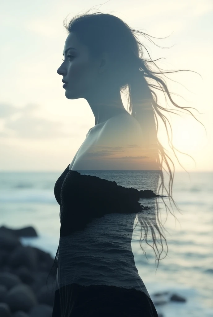 High quality, 8K ultra HD, Una hermosa double exposure que combina una silueta de diosa con la costa al atardecer,  the coast at dusk should serve as a backdrop , with its details incorporated into the goddess, sharp lines, The background is monochrome,  s...