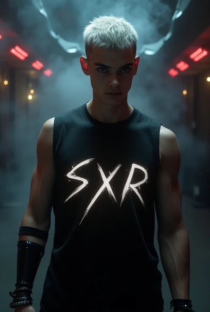 In this photo, a handsome 17-year-old man, silver hair, skinhead, black eye makeup flowing, clear muscular body, wearing a black sleeveless shirt, with the gothic SXR lettering, glowing, shining down to his eyes, wearing a steel claw cuff, standing in a da...