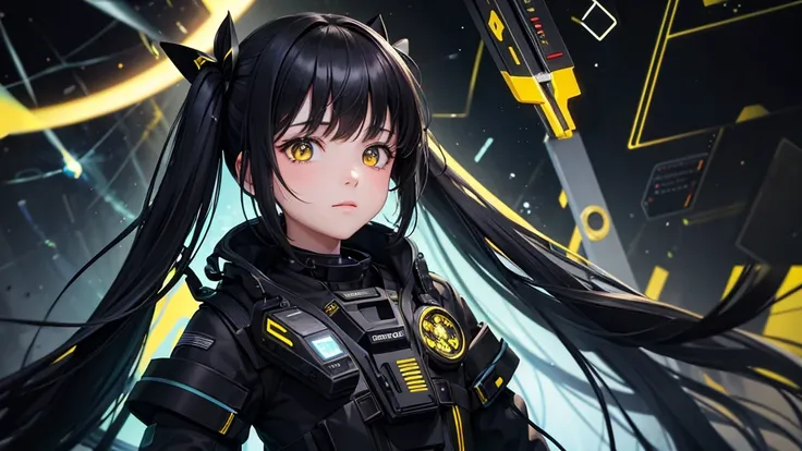 from future intelligence, technology background, complex mission, sudden mystery, unexpected result, unknown variables, strange data, confident look, space black pioneer dress, yellow eyes, black hair
