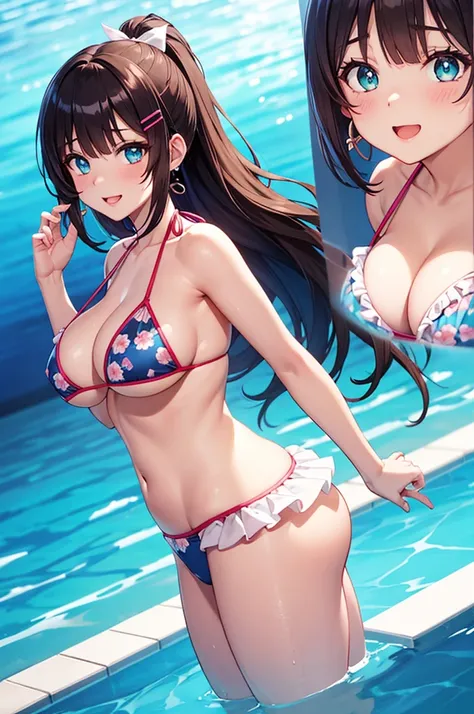 A beautiful girl in a bikini in a pool, anime girl, pastel tones, Resort pool, bikini with light blue floral ruffles, big round breasts, dark brown hair, long bangs, hair intakes, long hair, ponytail, wavy hair, shiny hair, hairclip, hair ribbon, aqua eyes...