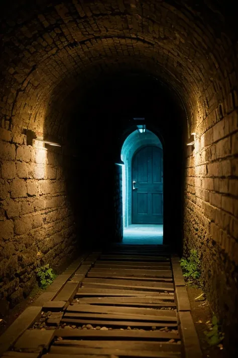 A small door at the end of a dimly lit tunnel.