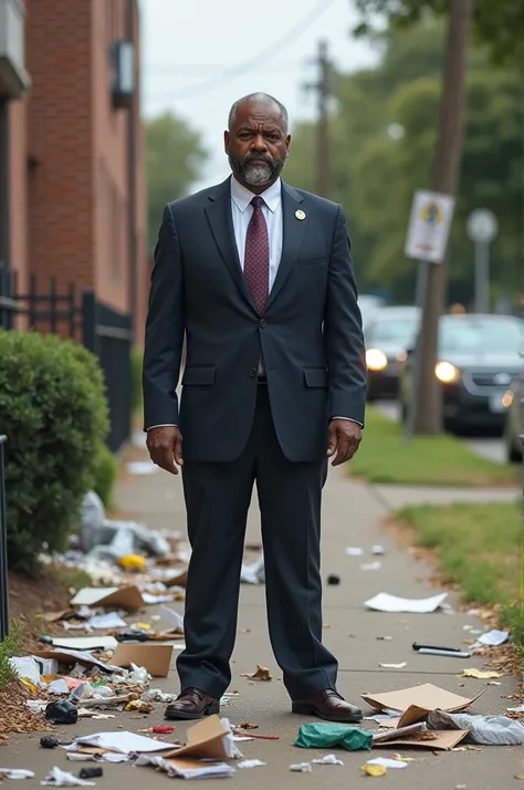 A black school principal getting fined for excess garbage on the school sidewalk 