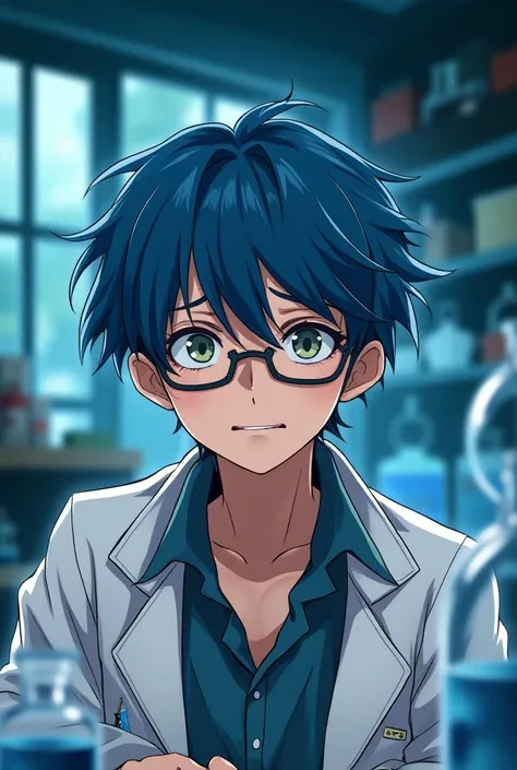 Scientist guy with cold blue hair and a little long and messy wearing anime-style glasses in his laboratory with tired, droopy eyes and a semi-stressed face 