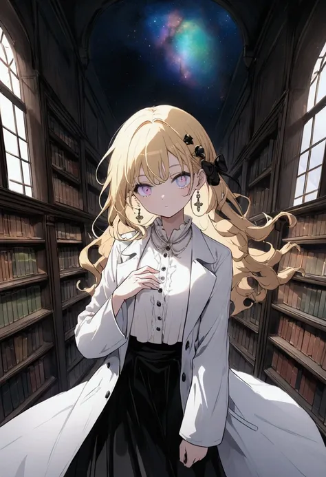 Gacha like splash art, long Wavy blonde hair, Young lady with shining galaxy colored eyes, small hair accessories, Small earrings, standing in a library, elegant white buttoned top, black long skirt, wearing white lab coat, light shining from tall windows,...