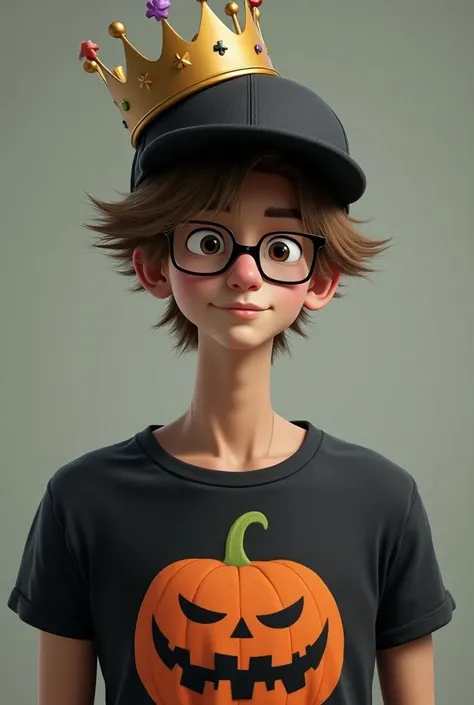 Male character with brown hair, a black cap, glasses, a crown and a Halloween t-shirt that can only be looked up to his waist.
