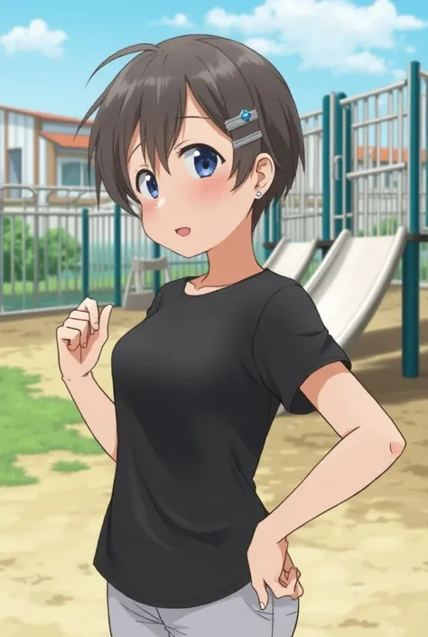 1 girl, 10y, right side, playground, black shirt, white panties, short pixie hair, hair pin, small earrings, smile, shy, big blue eyes, realistic, ren in background