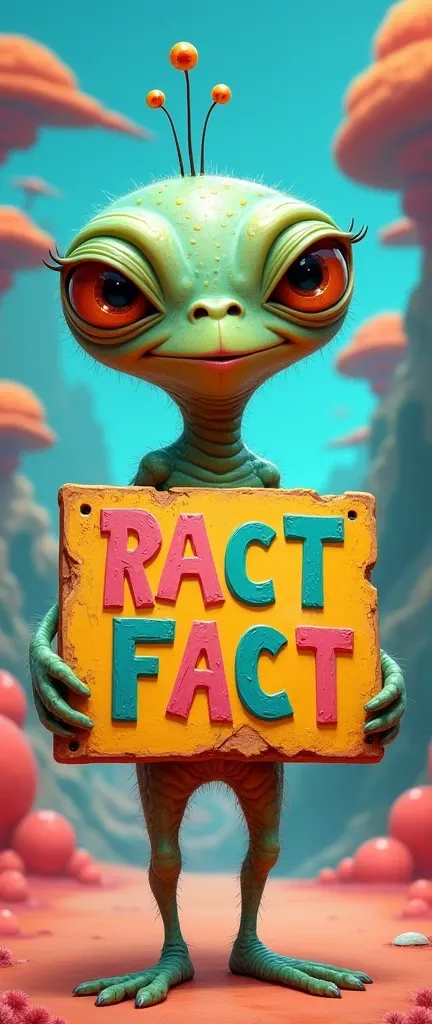 Funny Alien 👽🚀: Incorporate a goofy alien character holding a sign with "Ract Fact," using bright colors and whimsical typography.