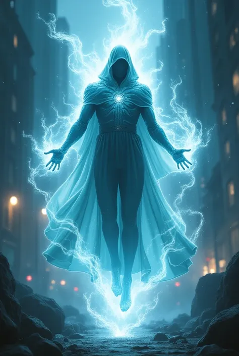  A spectral hero in Marvel comic book style ,  with ghostly powers .  It has the ability to enter peoples bodies ,  to temporarily hold them ,  and create portals to instantly teleport .  Its shape is semi-transparent ,  with traces of ethereal energy surr...