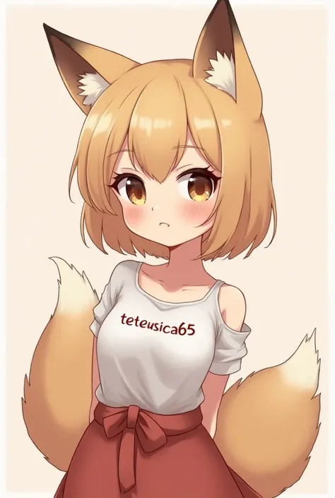 Cute fox anime girl, with "Teteusica65" written in her shirt, a little sexy too with a submissive look