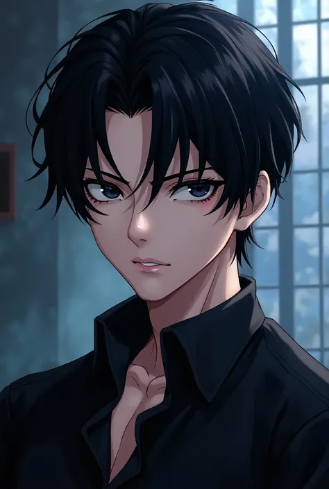 Male character with black hair and eyes in anime style 