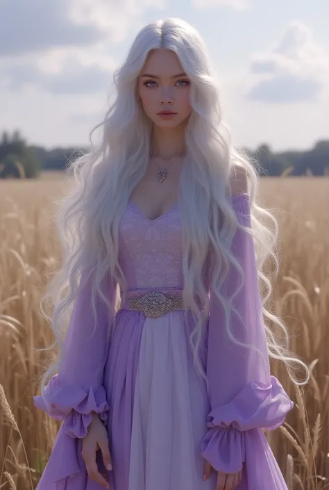  girl, silvery-white hair ,  wavy and very long hair . violet eyes,  long silk dress marking the body, long silk robes , Medieval jackets.  Field of tall, golden grass lilac eyes. Lilac eyes. Lilac eyes. white skin.