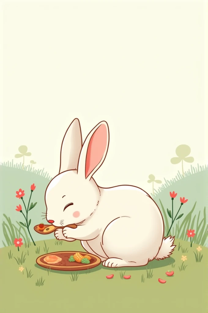 can you make a digital art(but not in a realistic or 3d way, it must be more like drawing lines) about the rabbit is eating its food in a peaceful environment?