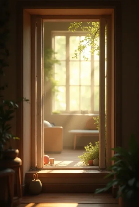 a window with a view into a room, morning light