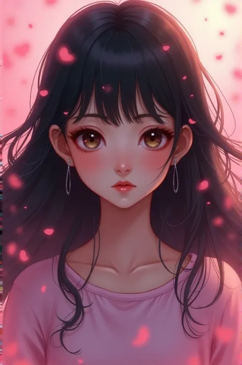 A girl with black hair brown eyes pink background title letychan 