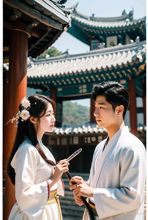 A cinematic double exposure photo of a poster film. A Korean man wearing traditional Korean clothing is holding a sword and a woman with long hair wearing traditional Korean clothing. The background contains a Korean temple with blooming flowers. face look...