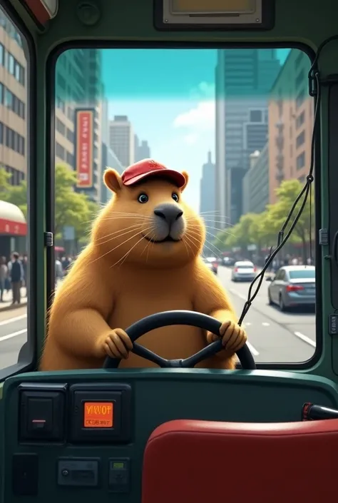  A capybara driver, driving a bus  