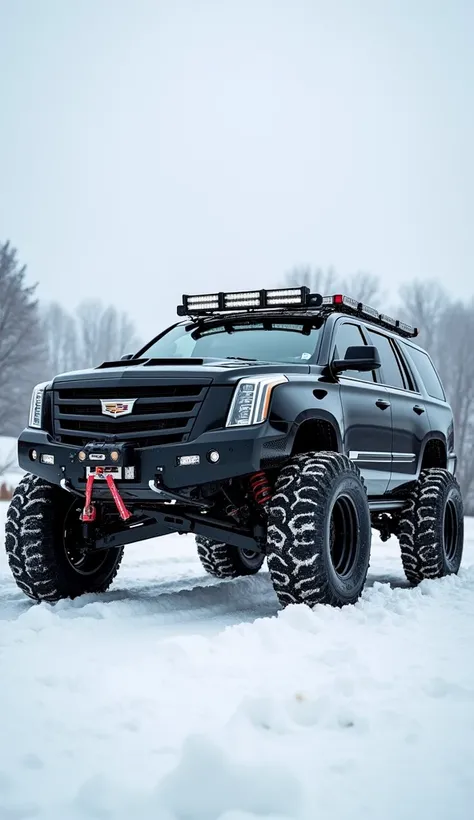  a black Cadillac Escalade thats been heavily modified for off-road use. It features:the picture in perfect portrait.
Massive off-road tires:
These large, knobby tires provide excellent traction in snow and mud.
Lifted suspension:
The increased ground clea...