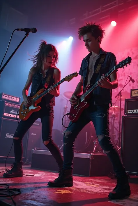 A teenage boy and girl rockers on a stage 