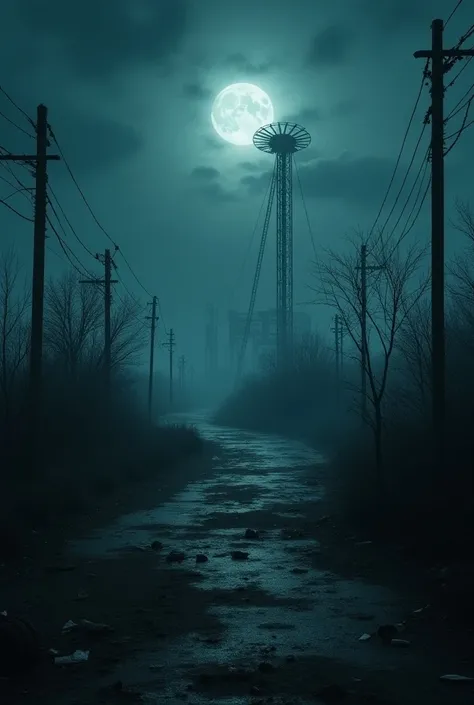 an eerie night at an abandoned amusement park