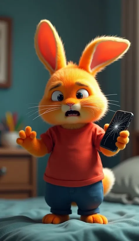 An orange rabbit in a red shirt and blue pants freaks out while holding his black phone with a cracked screen while alone in his bedroom.