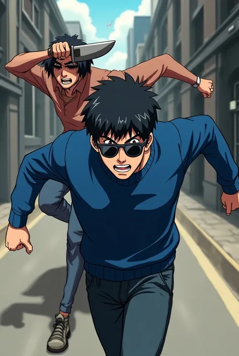 A guy in a blue sweater ,  with black hair and black sunglasses ,  is running And a man with a knife who looks like a maniac is running after the guy, anime style