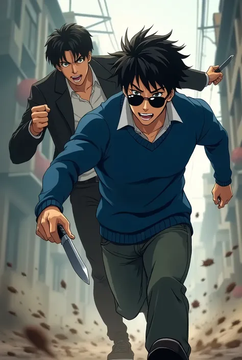 A guy in a blue sweater ,  with black hair and black sunglasses ,  is running And a man with a knife who looks like a maniac is running after the guy, anime style