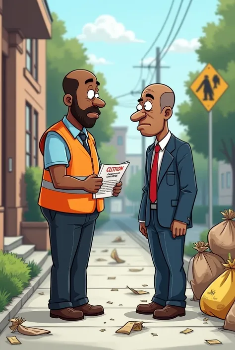 A cartoon of a sad bald black school principal receiving a fine paper for excess black garbage bags on the school sidewalk from an employee dressed in an orange comlurb vest