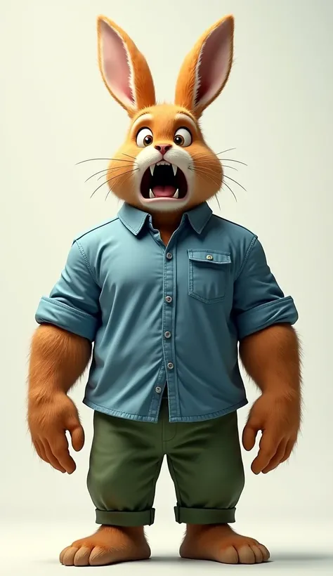 A big muscular orange rabbit wearing a blue shirt and green pants is sad, opens his mouth and is very shocked, alone in the rabbit.