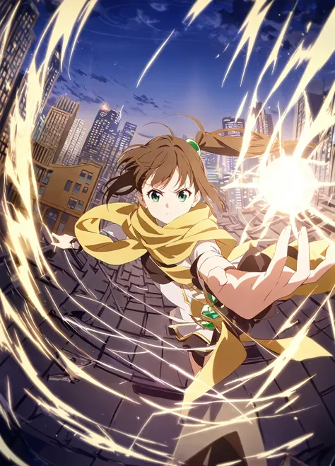 1 child，Brown side ponytail， green eyes，深绿色wind衣，Gold scarf， Magical Girl，serious，Reach out，Magic in your hands ，Movie Lighting，City，wind，Standing on the roof，Fisheye lens